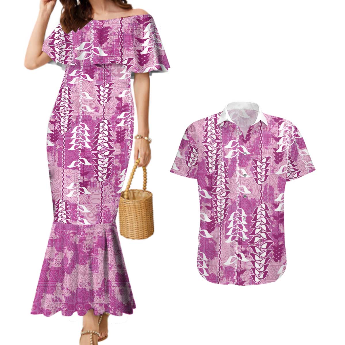 Magenta Hawaii Tapa Pattern Couples Matching Mermaid Dress and Hawaiian Shirt With Heliconia Vintage Style
