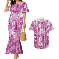 Magenta Hawaii Tapa Pattern Couples Matching Mermaid Dress and Hawaiian Shirt With Heliconia Vintage Style