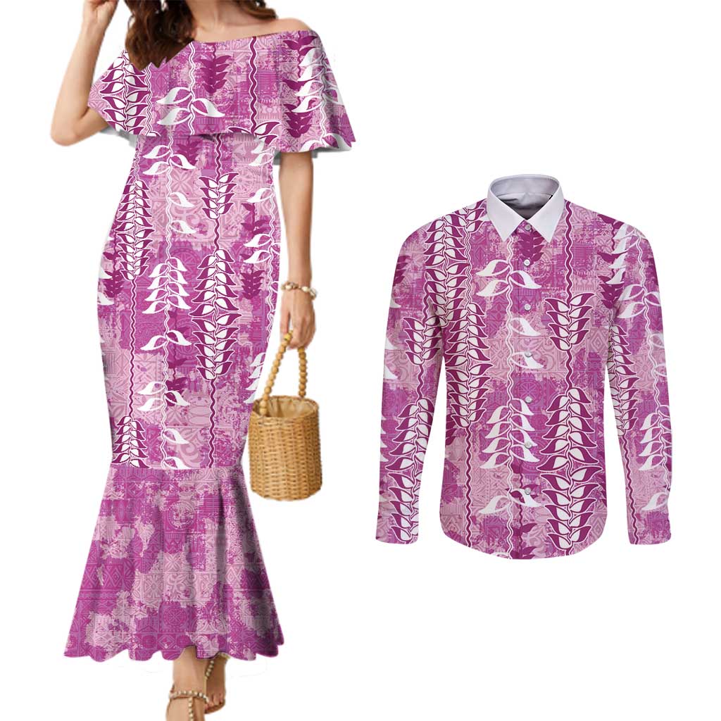 Magenta Hawaii Tapa Pattern Couples Matching Mermaid Dress and Long Sleeve Button Shirt With Heliconia Vintage Style