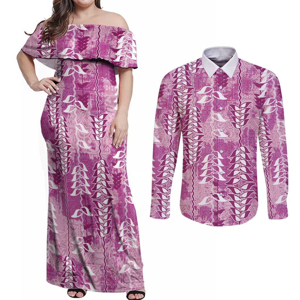 Magenta Hawaii Tapa Pattern Couples Matching Off Shoulder Maxi Dress and Long Sleeve Button Shirt With Heliconia Vintage Style