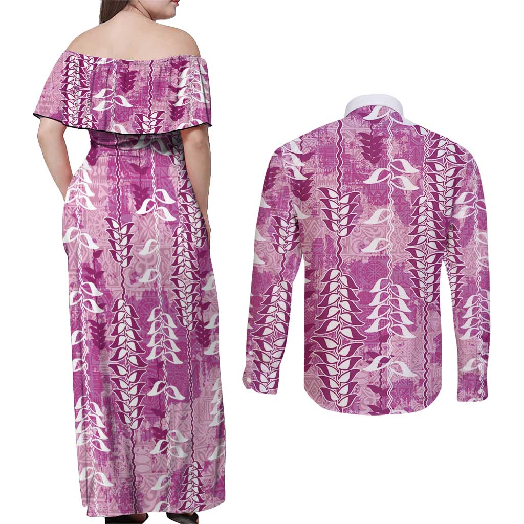 Magenta Hawaii Tapa Pattern Couples Matching Off Shoulder Maxi Dress and Long Sleeve Button Shirt With Heliconia Vintage Style
