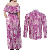 Magenta Hawaii Tapa Pattern Couples Matching Off Shoulder Maxi Dress and Long Sleeve Button Shirt With Heliconia Vintage Style