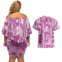 Magenta Hawaii Tapa Pattern Couples Matching Off Shoulder Short Dress and Hawaiian Shirt With Heliconia Vintage Style