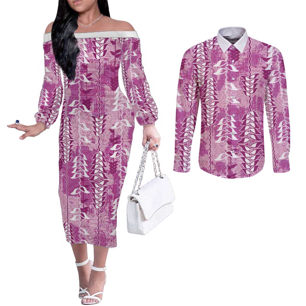 Magenta Hawaii Tapa Pattern Couples Matching Off The Shoulder Long Sleeve Dress and Long Sleeve Button Shirt With Heliconia Vintage Style