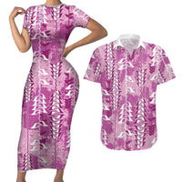 Magenta Hawaii Tapa Pattern Couples Matching Short Sleeve Bodycon Dress and Hawaiian Shirt With Heliconia Vintage Style