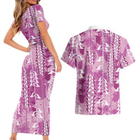 Magenta Hawaii Tapa Pattern Couples Matching Short Sleeve Bodycon Dress and Hawaiian Shirt With Heliconia Vintage Style