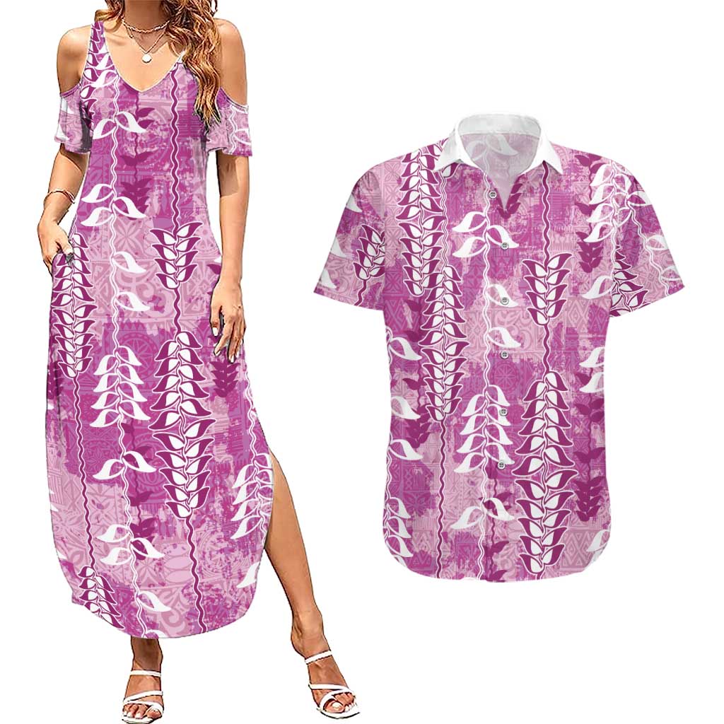 Magenta Hawaii Tapa Pattern Couples Matching Summer Maxi Dress and Hawaiian Shirt With Heliconia Vintage Style