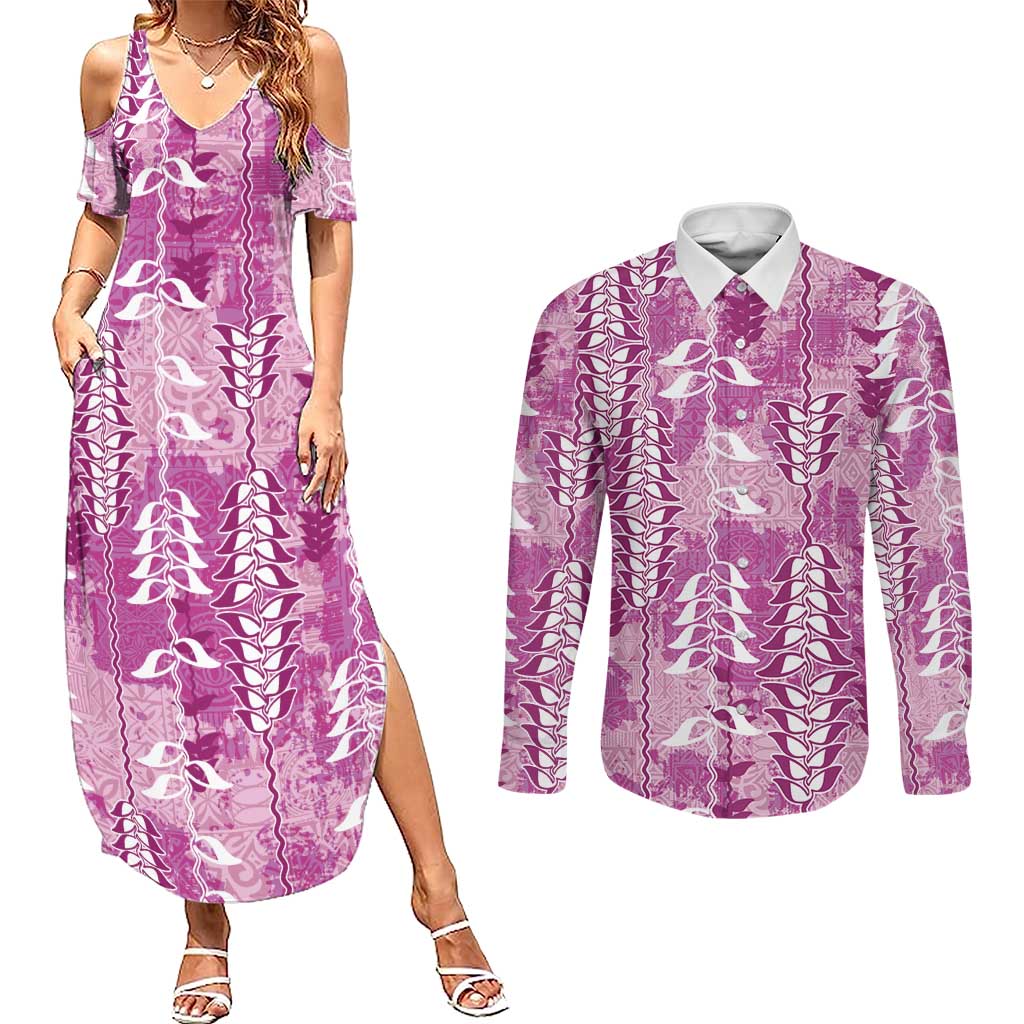 Magenta Hawaii Tapa Pattern Couples Matching Summer Maxi Dress and Long Sleeve Button Shirt With Heliconia Vintage Style