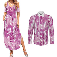 Magenta Hawaii Tapa Pattern Couples Matching Summer Maxi Dress and Long Sleeve Button Shirt With Heliconia Vintage Style