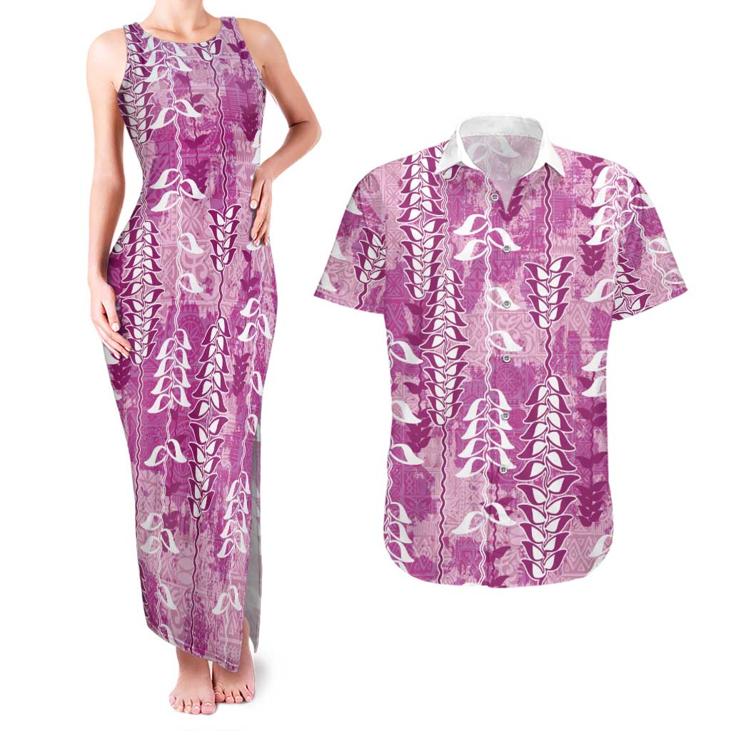 Magenta Hawaii Tapa Pattern Couples Matching Tank Maxi Dress and Hawaiian Shirt With Heliconia Vintage Style