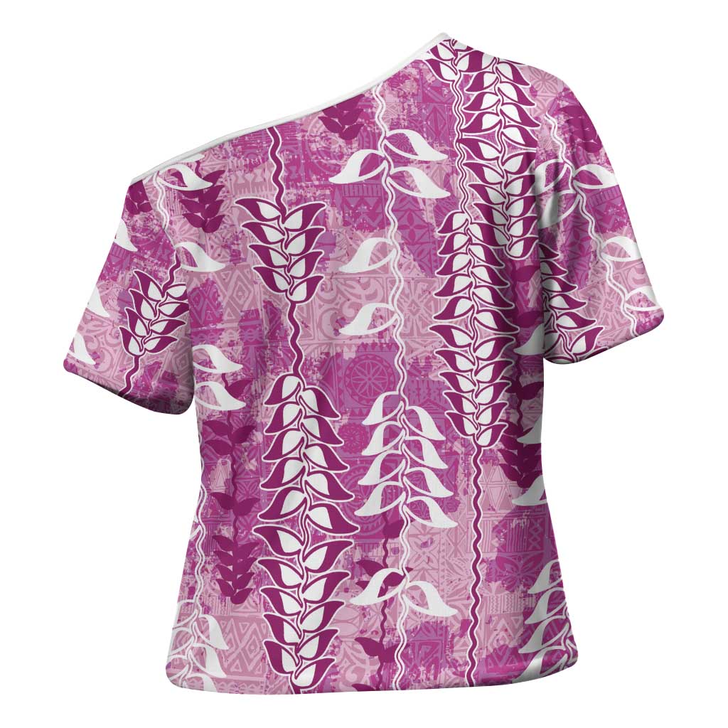 Magenta Hawaii Tapa Pattern Cross Shoulder Shirt With Heliconia Vintage Style