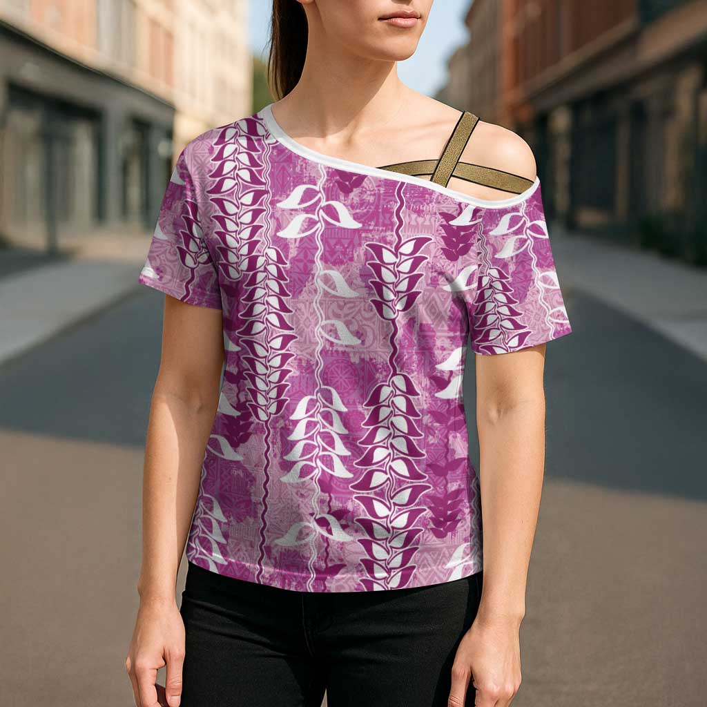 Magenta Hawaii Tapa Pattern Cross Shoulder Shirt With Heliconia Vintage Style