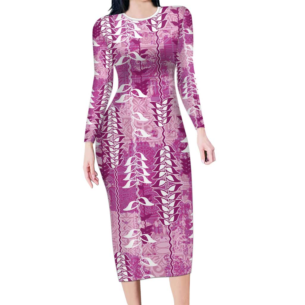 Magenta Hawaii Tapa Pattern Family Matching Long Sleeve Bodycon Dress and Hawaiian Shirt With Heliconia Vintage Style LT05 Mom's Dress Magenta - Polynesian Pride