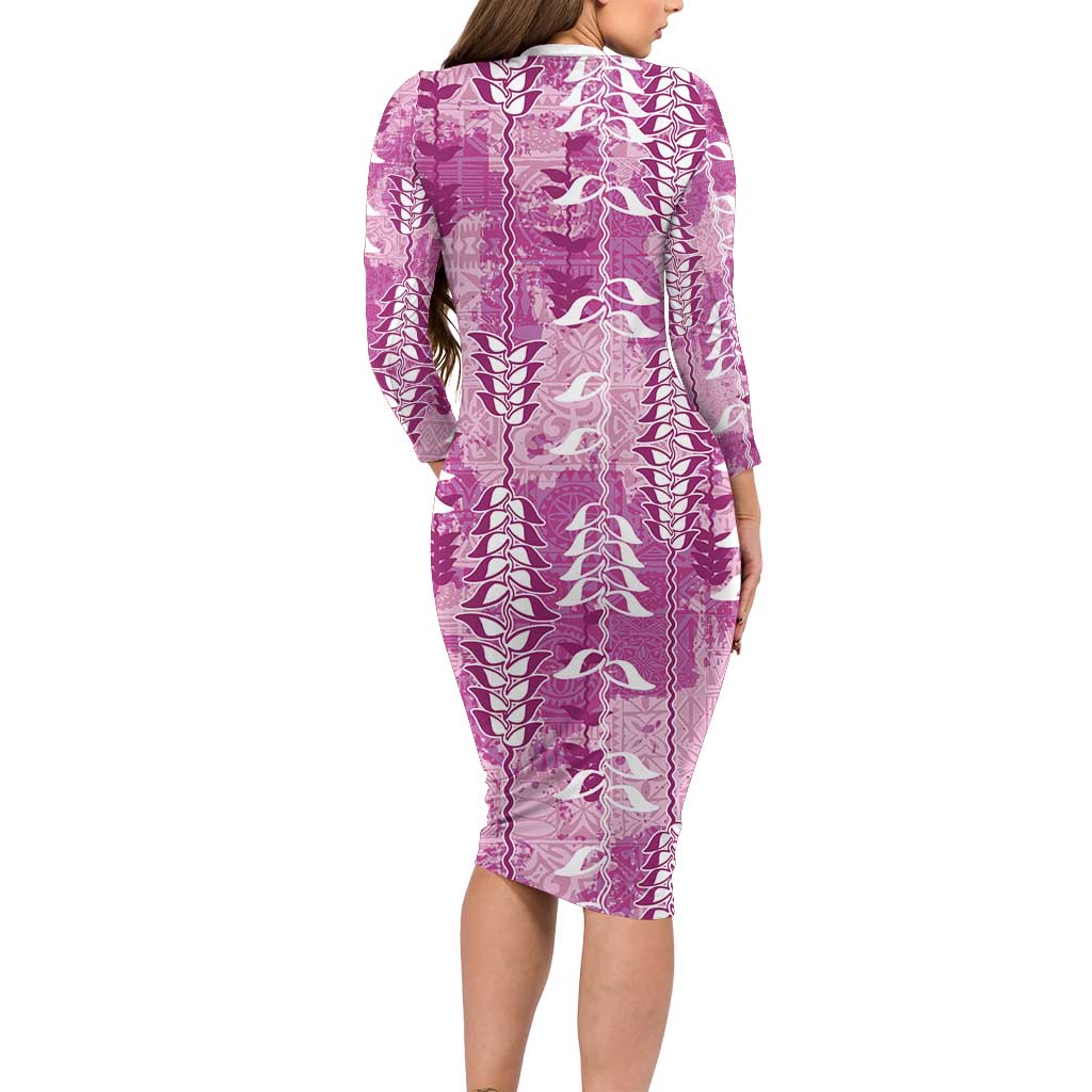 Magenta Hawaii Tapa Pattern Family Matching Long Sleeve Bodycon Dress and Hawaiian Shirt With Heliconia Vintage Style LT05 - Polynesian Pride