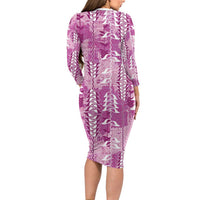 Magenta Hawaii Tapa Pattern Family Matching Long Sleeve Bodycon Dress and Hawaiian Shirt With Heliconia Vintage Style LT05 - Polynesian Pride