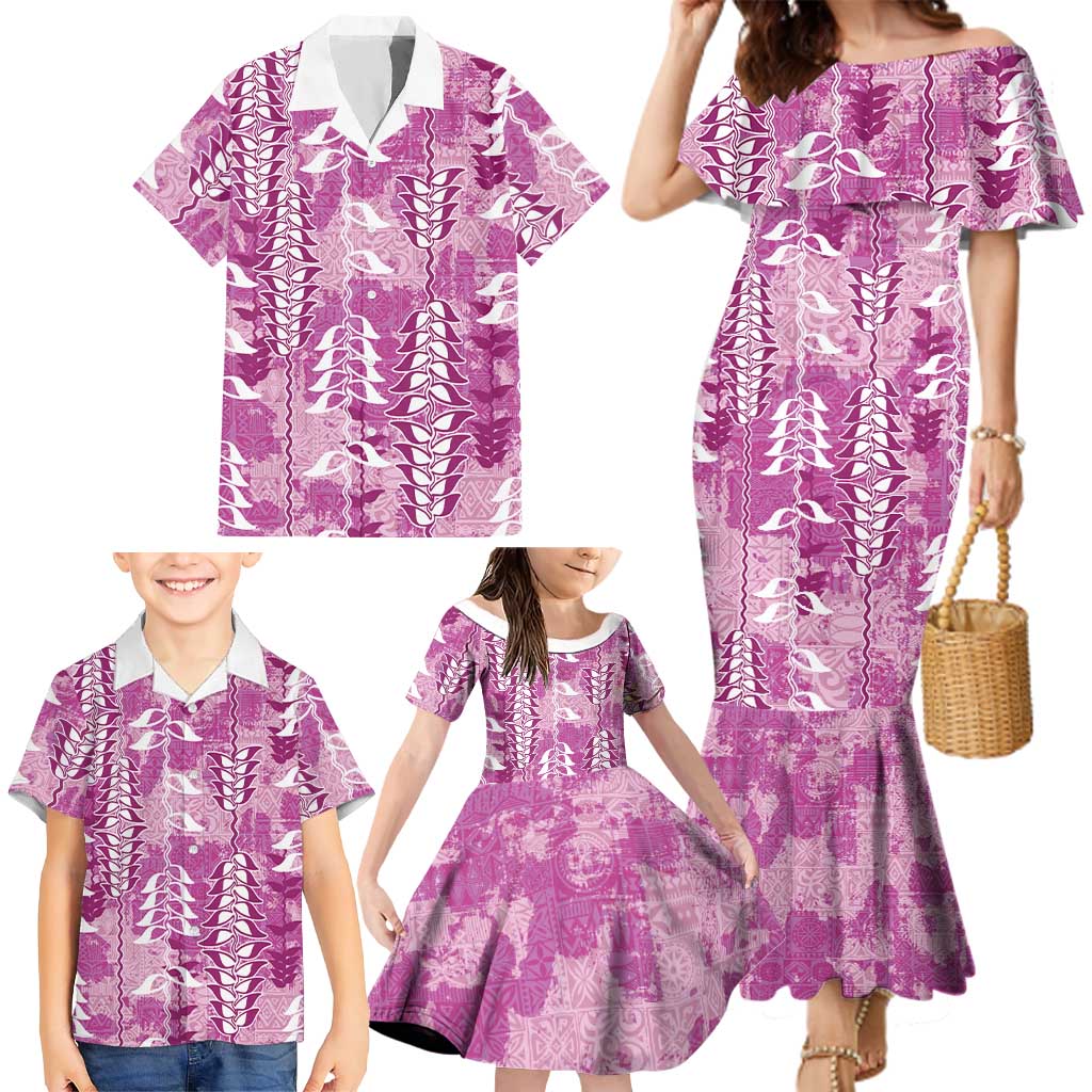 Magenta Hawaii Tapa Pattern Family Matching Mermaid Dress and Hawaiian Shirt With Heliconia Vintage Style