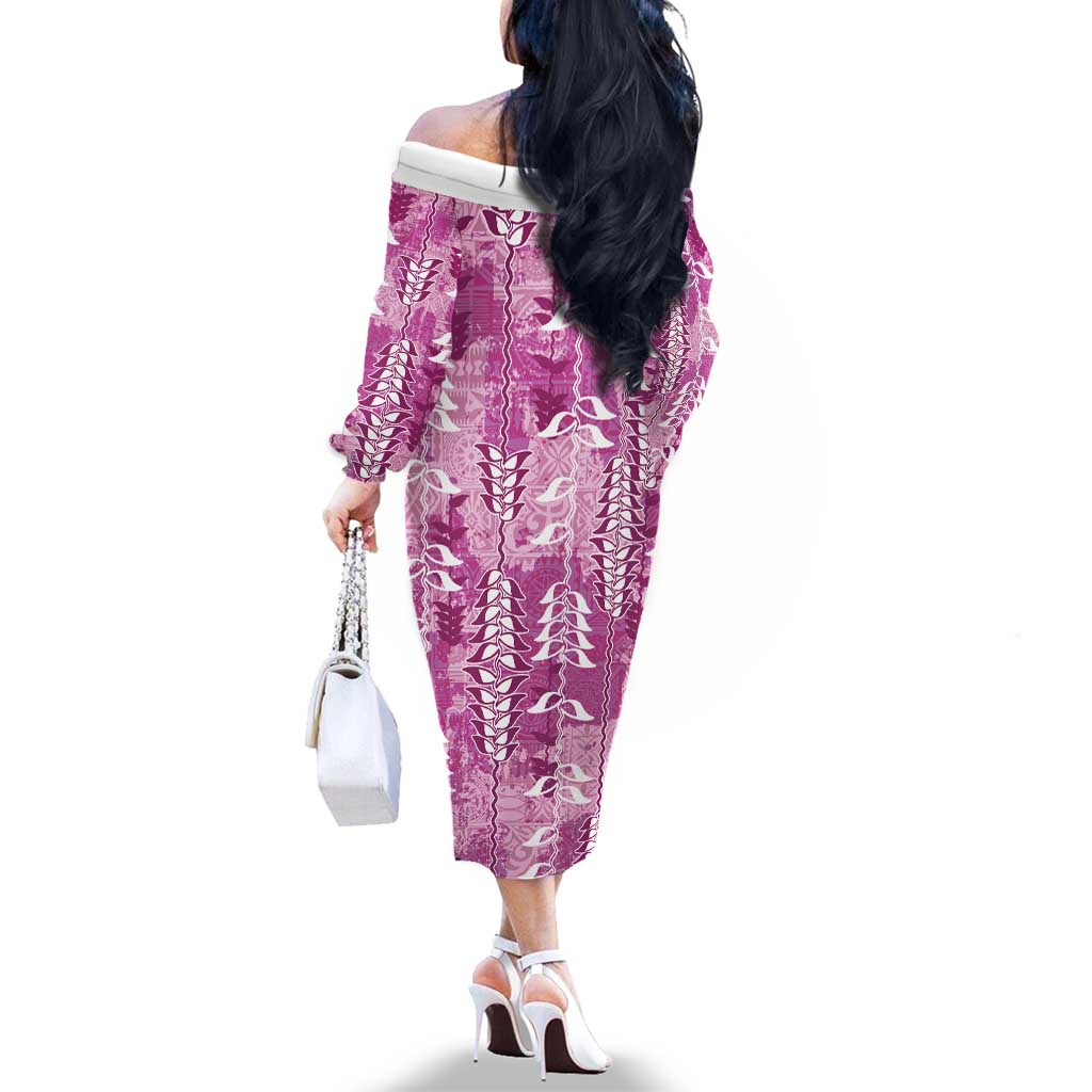 Magenta Hawaii Tapa Pattern Family Matching Off The Shoulder Long Sleeve Dress and Hawaiian Shirt With Heliconia Vintage Style LT05 - Polynesian Pride