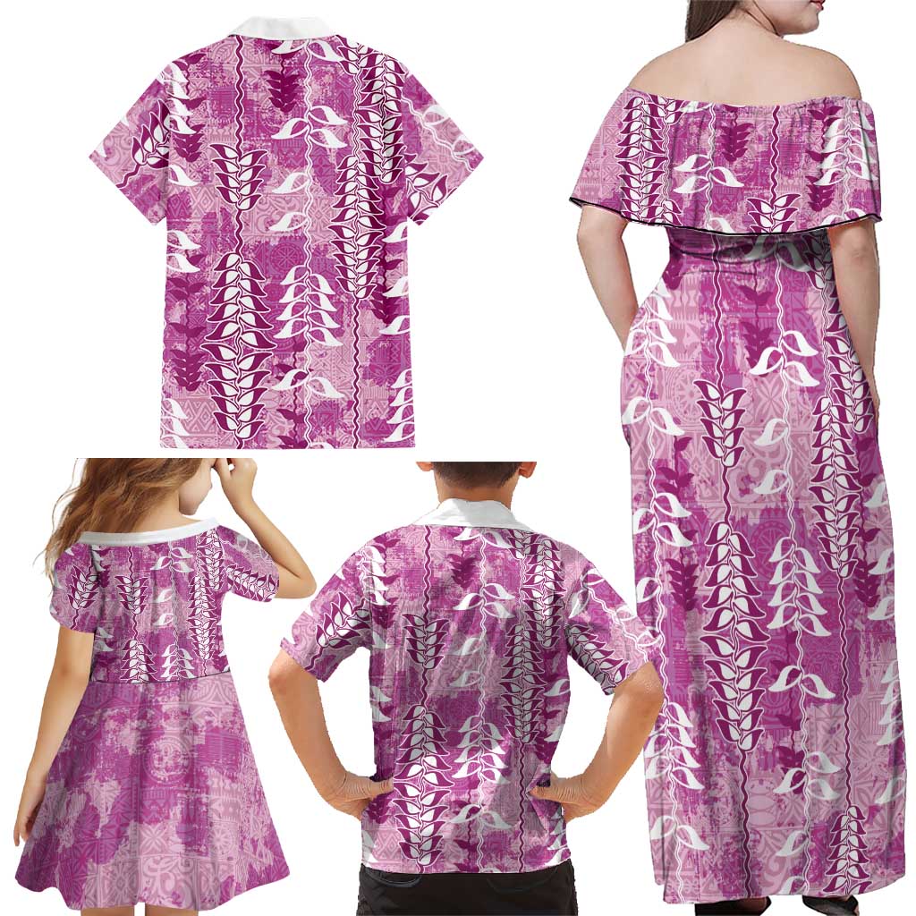 Magenta Hawaii Tapa Pattern Family Matching Off Shoulder Maxi Dress and Hawaiian Shirt With Heliconia Vintage Style LT05 - Polynesian Pride