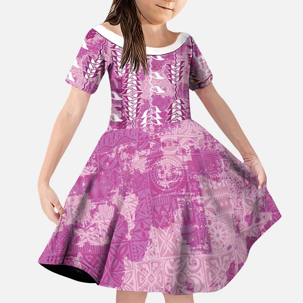 Magenta Hawaii Tapa Pattern Family Matching Off Shoulder Short Dress and Hawaiian Shirt With Heliconia Vintage Style LT05 Daughter's Dress Magenta - Polynesian Pride