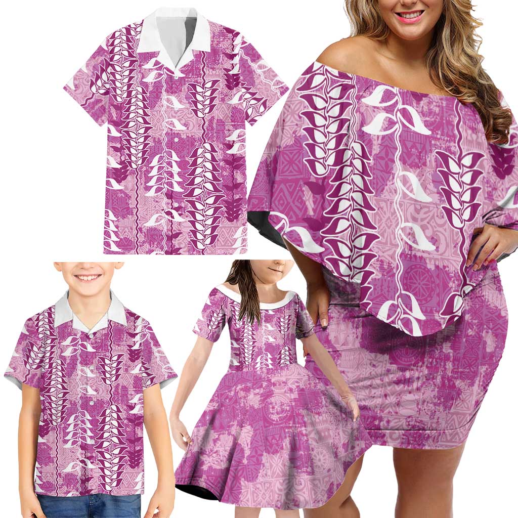 Magenta Hawaii Tapa Pattern Family Matching Off Shoulder Short Dress and Hawaiian Shirt With Heliconia Vintage Style