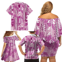 Magenta Hawaii Tapa Pattern Family Matching Off Shoulder Short Dress and Hawaiian Shirt With Heliconia Vintage Style LT05 - Polynesian Pride