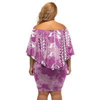 Magenta Hawaii Tapa Pattern Family Matching Off Shoulder Short Dress and Hawaiian Shirt With Heliconia Vintage Style LT05 - Polynesian Pride