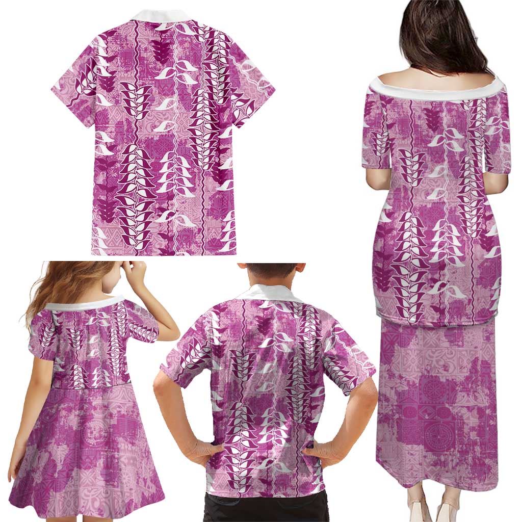 Magenta Hawaii Tapa Pattern Family Matching Puletasi and Hawaiian Shirt With Heliconia Vintage Style