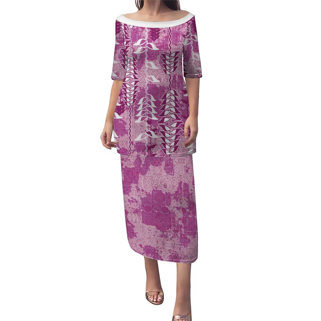 Magenta Hawaii Tapa Pattern Family Matching Puletasi and Hawaiian Shirt With Heliconia Vintage Style