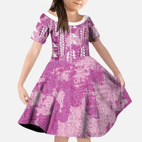 Magenta Hawaii Tapa Pattern Family Matching Short Sleeve Bodycon Dress and Hawaiian Shirt With Heliconia Vintage Style LT05 Daughter's Dress Magenta - Polynesian Pride