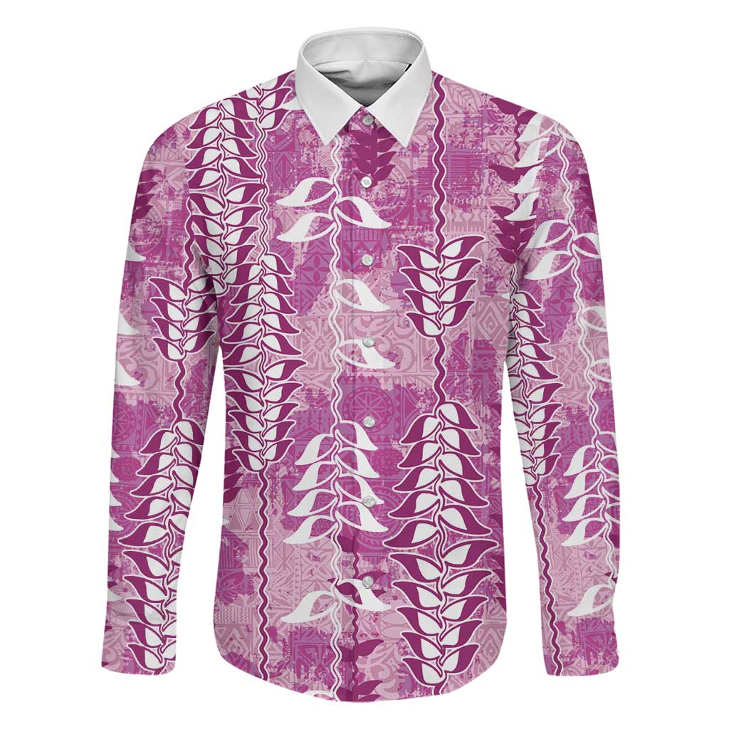 Magenta Hawaii Tapa Pattern Family Matching Tank Maxi Dress and Hawaiian Shirt With Heliconia Vintage Style LT05 Dad's Shirt - Long Sleeve Magenta - Polynesian Pride