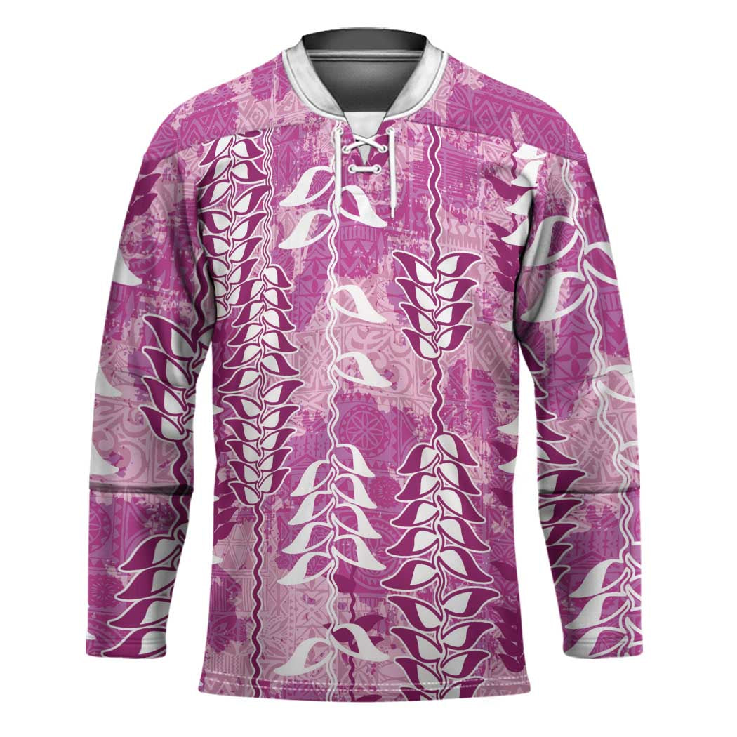 Magenta Hawaii Tapa Pattern Hockey Jersey With Heliconia Vintage Style