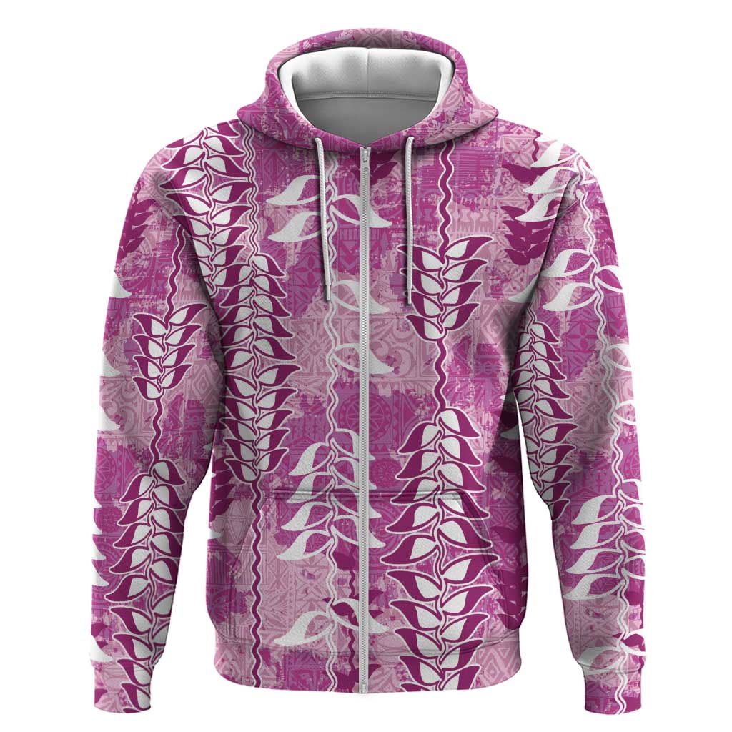 Magenta Hawaii Tapa Pattern Hoodie With Heliconia Vintage Style