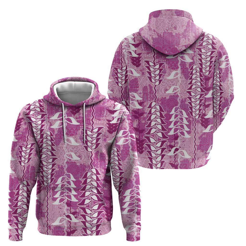 Magenta Hawaii Tapa Pattern Hoodie With Heliconia Vintage Style