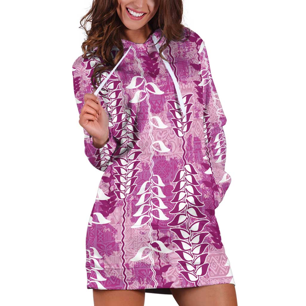 Magenta Hawaii Tapa Pattern Hoodie Dress With Heliconia Vintage Style