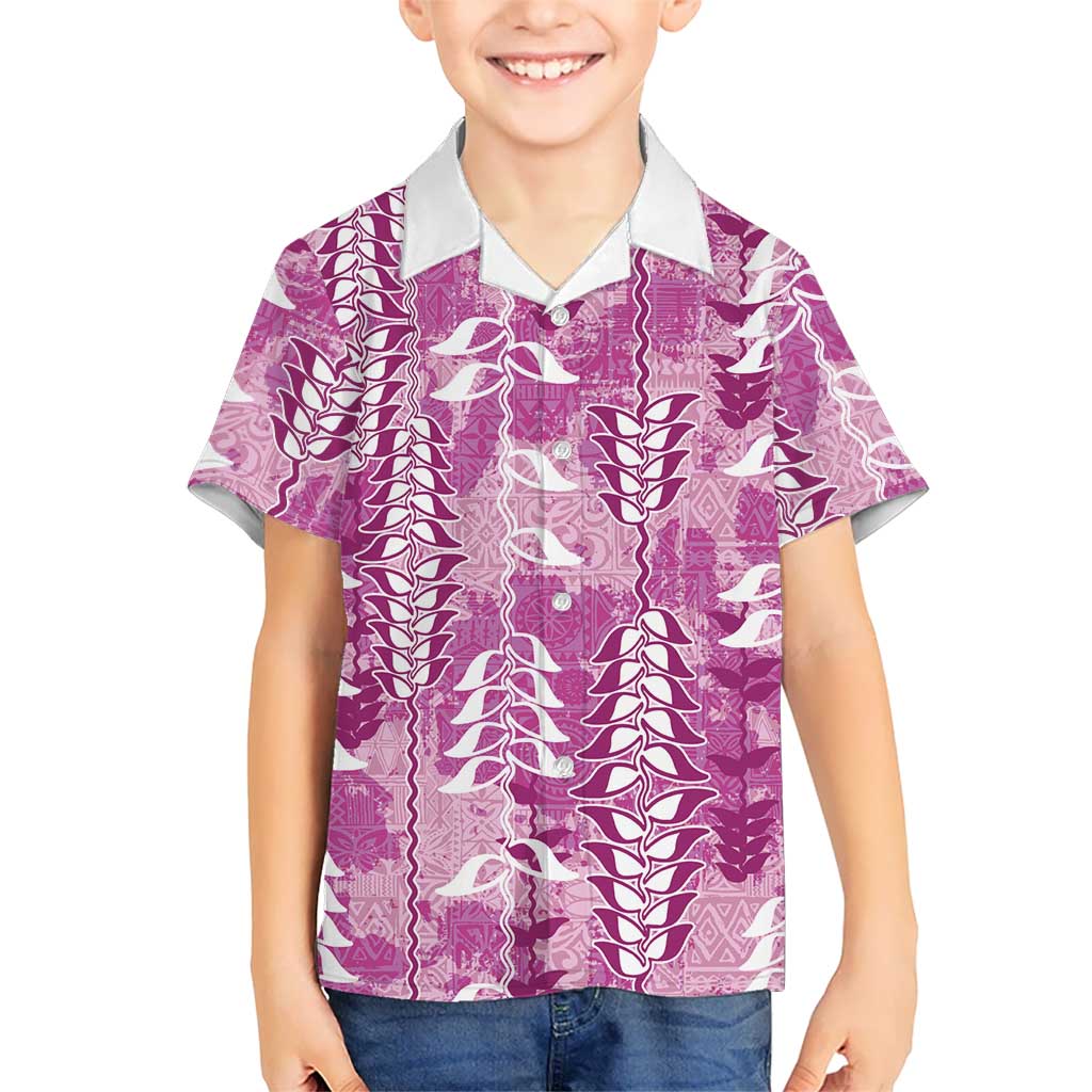Magenta Hawaii Tapa Pattern Kid Hawaiian Shirt With Heliconia Vintage Style