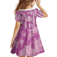 Magenta Hawaii Tapa Pattern Kid Short Sleeve Dress With Heliconia Vintage Style