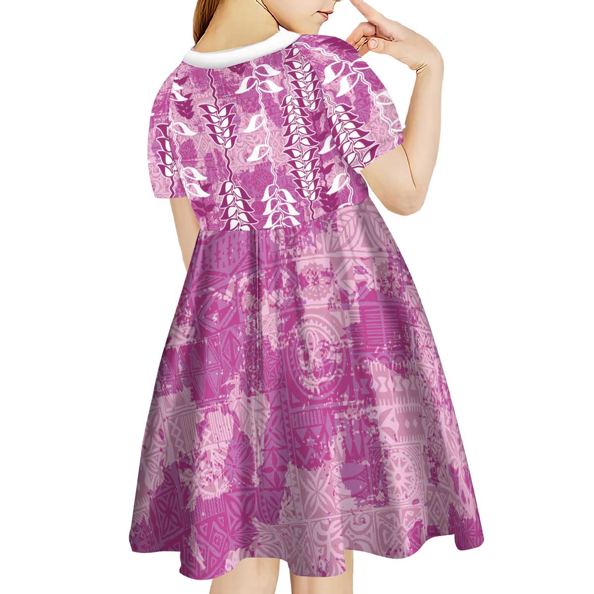 Magenta Hawaii Tapa Pattern Kid Short Sleeve Dress With Heliconia Vintage Style