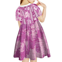 Magenta Hawaii Tapa Pattern Kid Short Sleeve Dress With Heliconia Vintage Style