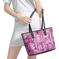 Magenta Hawaii Tapa Pattern Leather Tote Bag With Heliconia Vintage Style