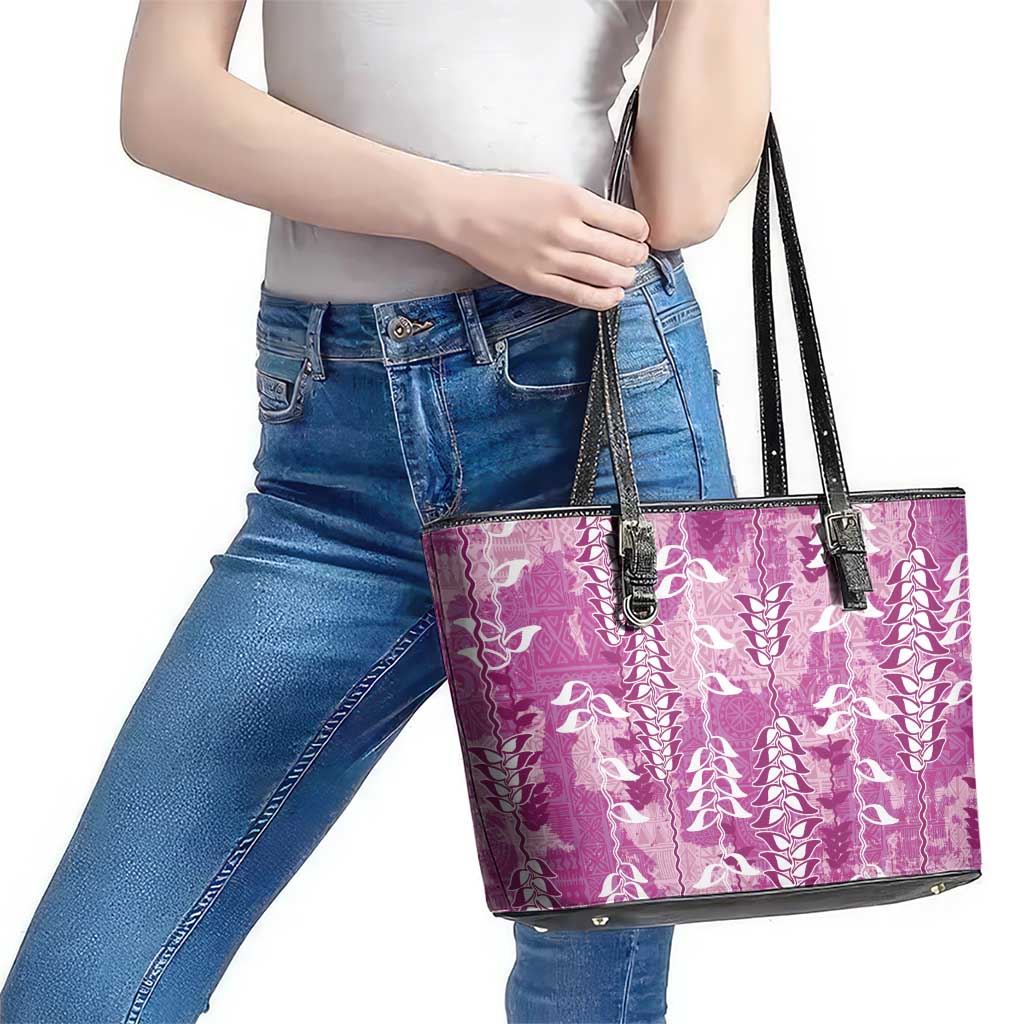 Magenta Hawaii Tapa Pattern Leather Tote Bag With Heliconia Vintage Style