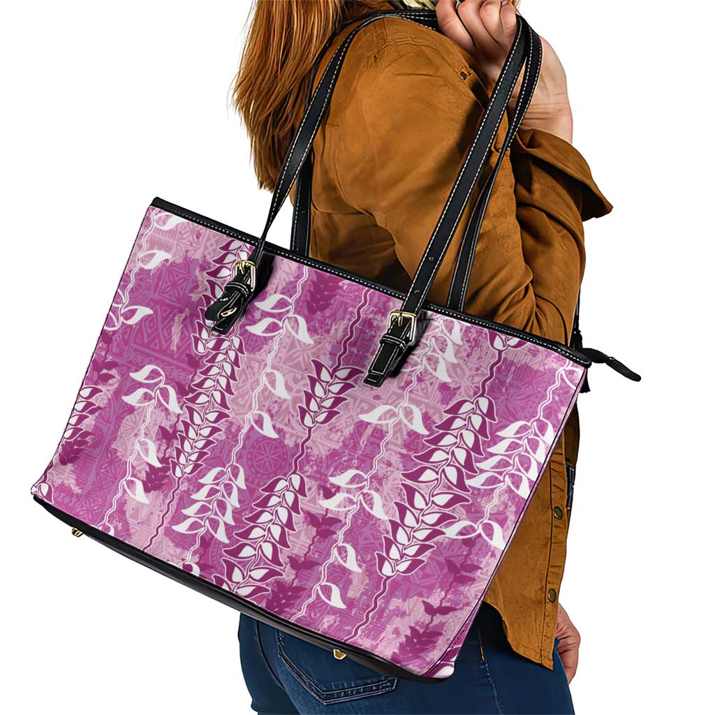 Magenta Hawaii Tapa Pattern Leather Tote Bag With Heliconia Vintage Style