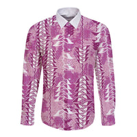Magenta Hawaii Tapa Pattern Long Sleeve Button Shirt With Heliconia Vintage Style