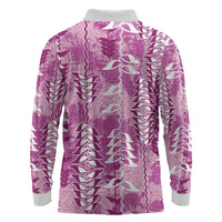 Magenta Hawaii Tapa Pattern Long Sleeve Polo Shirt With Heliconia Vintage Style