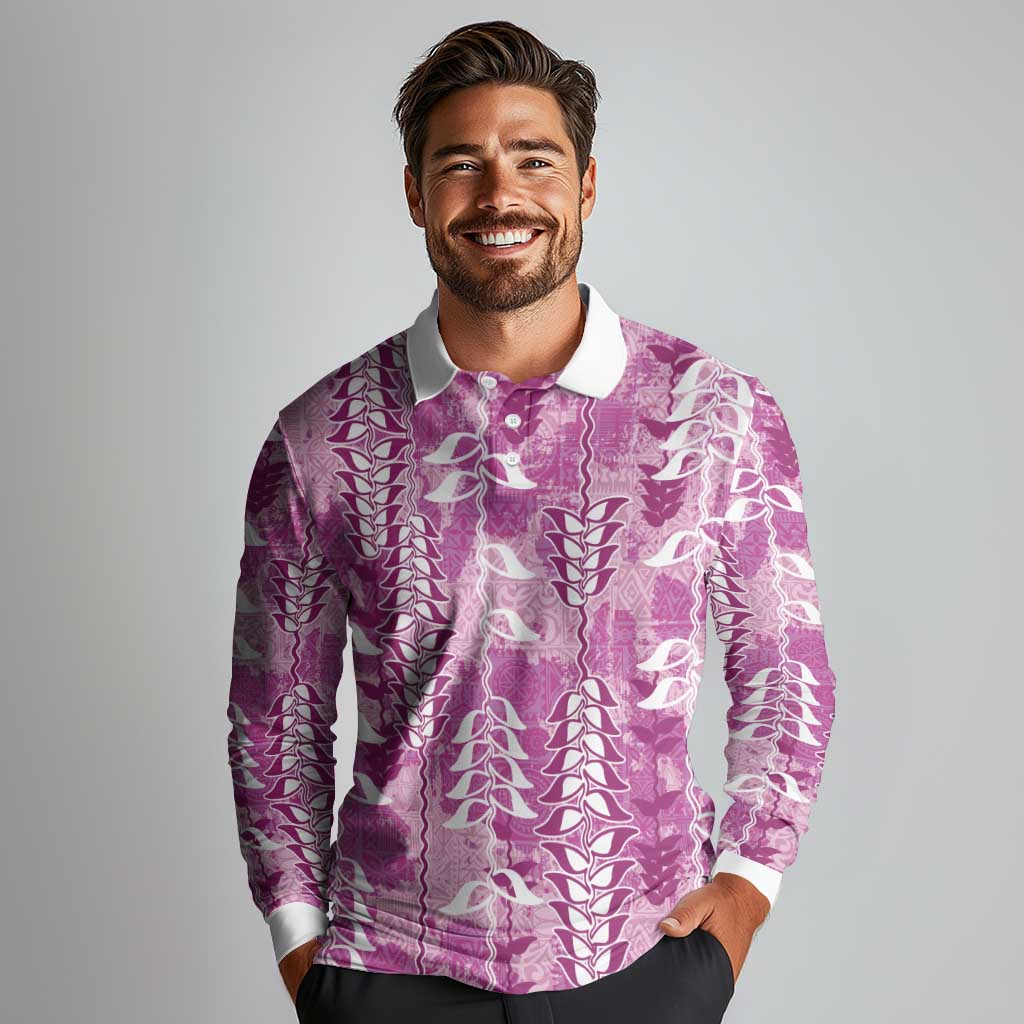 Magenta Hawaii Tapa Pattern Long Sleeve Polo Shirt With Heliconia Vintage Style