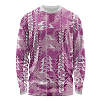 Magenta Hawaii Tapa Pattern Long Sleeve Shirt With Heliconia Vintage Style