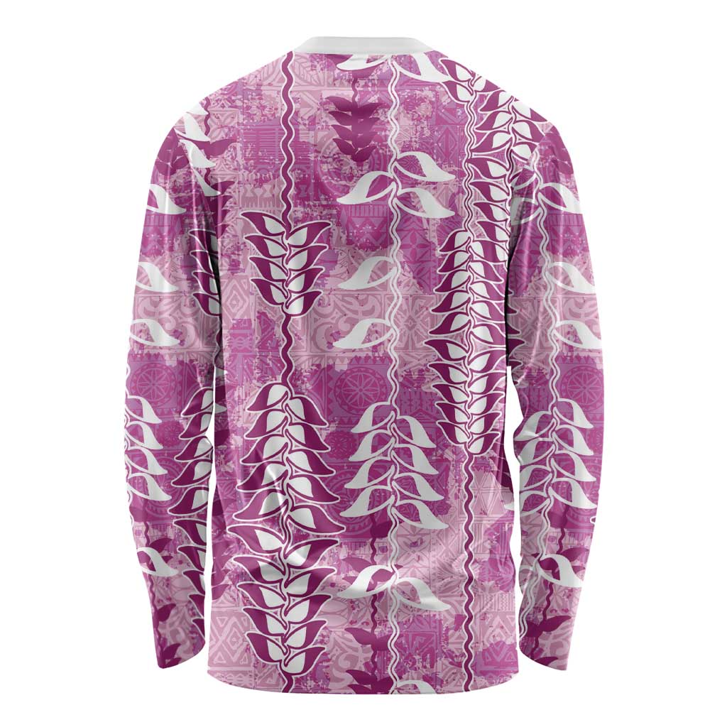 Magenta Hawaii Tapa Pattern Long Sleeve Shirt With Heliconia Vintage Style