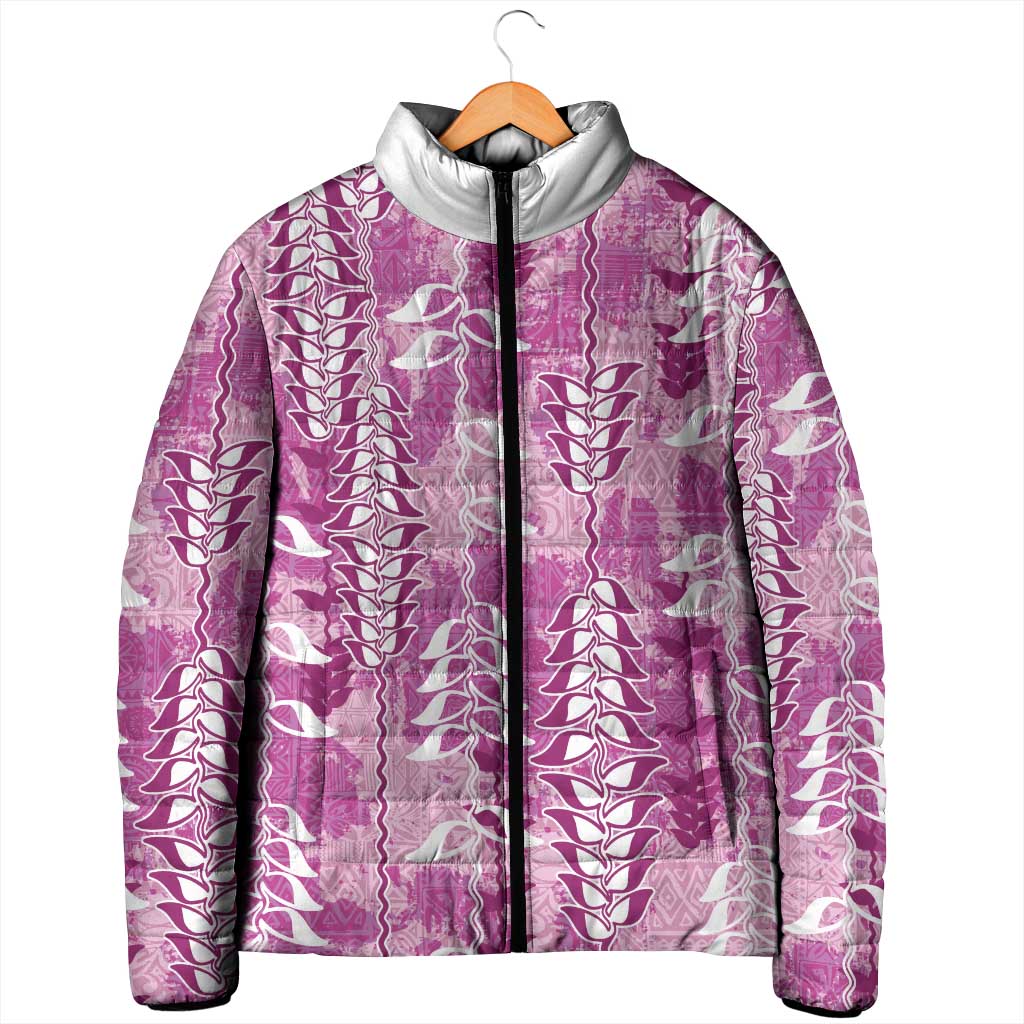 Magenta Hawaii Tapa Pattern Padded Jacket With Heliconia Vintage Style