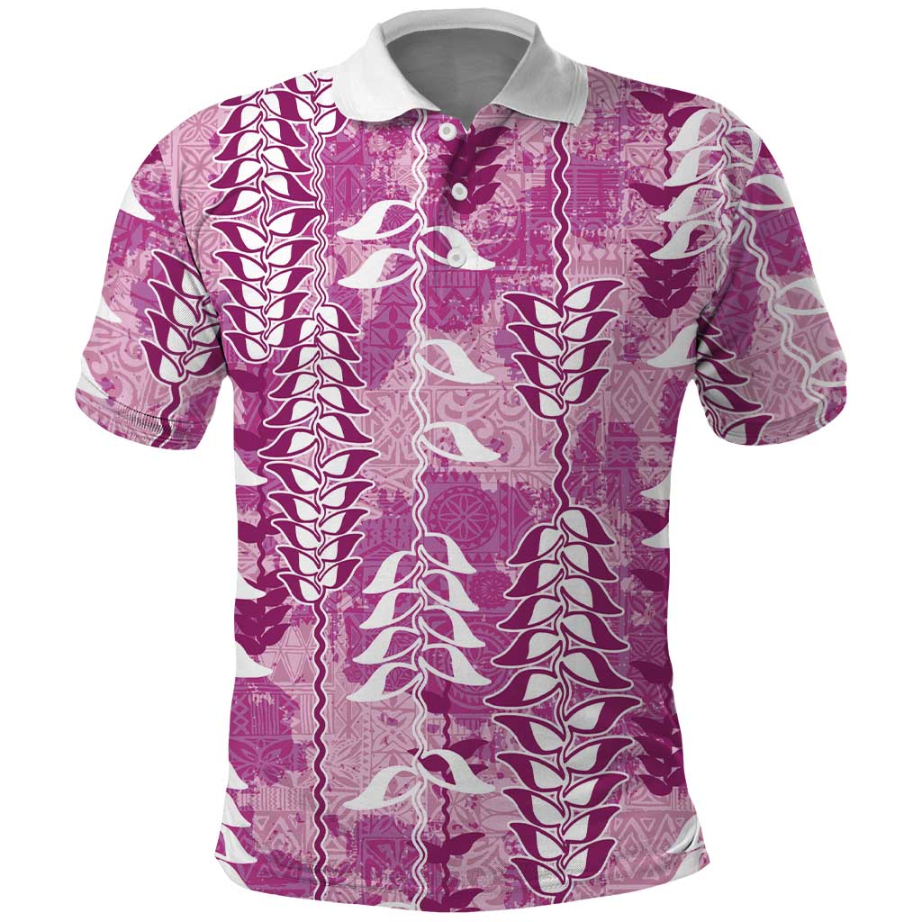 Magenta Hawaii Tapa Pattern Polo Shirt With Heliconia Vintage Style
