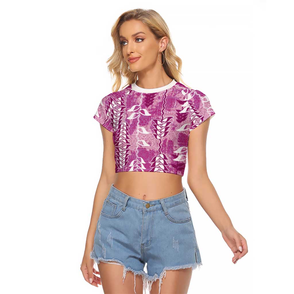 Magenta Hawaii Tapa Pattern Raglan Cropped T Shirt With Heliconia Vintage Style