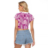 Magenta Hawaii Tapa Pattern Raglan Cropped T Shirt With Heliconia Vintage Style